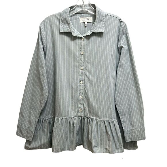 The Great. The Drop Ruffle Oxford Shirt Button Down Indigo Stripe Blue Size M - Picture 3 of 11